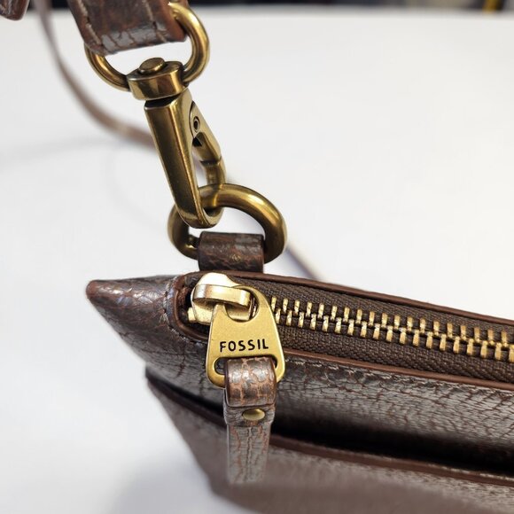 Fossil Metallic Bronze Brown Leather Crossbody Bag Adjustable Strap NWOT - Picture 4 of 13